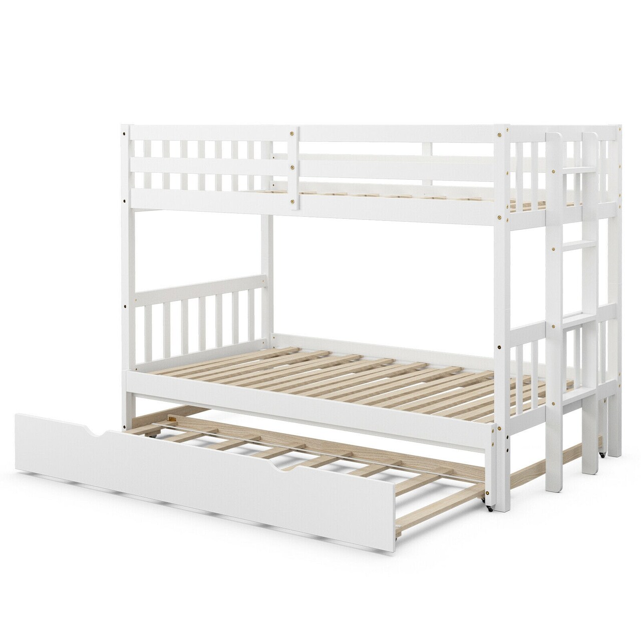 Dark Brown White Wood 4-in-1 Convertible Bunk Bed with Trundle and Ladder